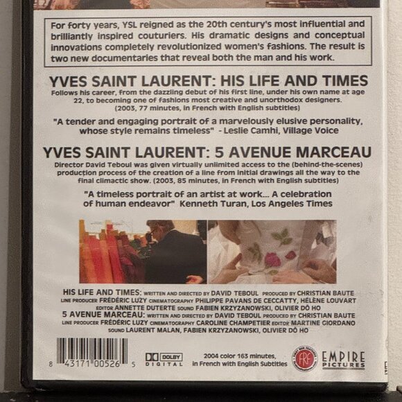 Yves St. Laurent, DVD,"His life and Times" &"5 Avenue Marceau",New,Sealed - Picture 4 of 4